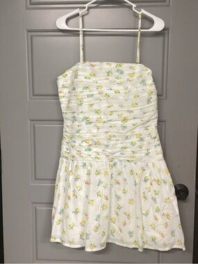 Japna White Mini Dress with Yellow Floral Smocked roughed spaghetti straps
